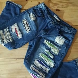 Iris Distressed Embellished Jeans/Crops Sz 7